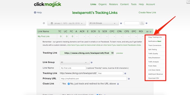 ClickMagick additional link settings