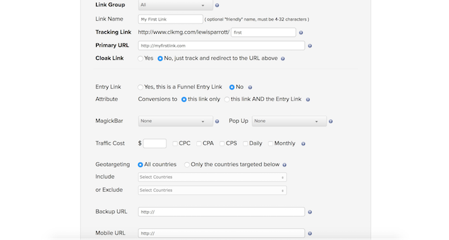 ClickMagick link advanced settings